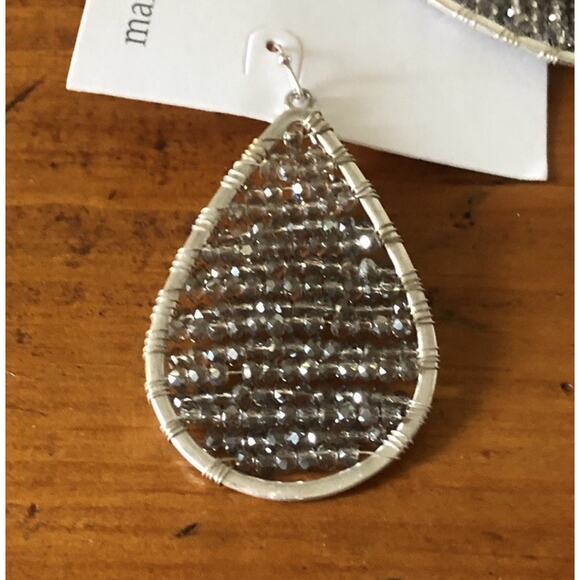 Marlyn Schiff Silver Teardrop Black Druzy Beads Dangle Drop Earrings Hook NWOT - Picture 5 of 10